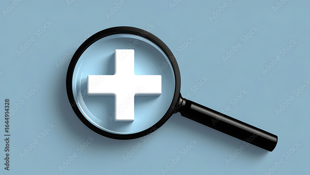 Magnifying glass focused on white plus symbol lens Magnifying glass focused on white plus symbol lens
