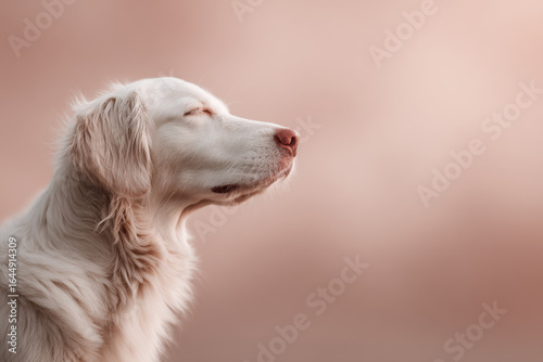 stunning portrait of dog with closed eyes captured against minimalist ultrabright pastel backdrop