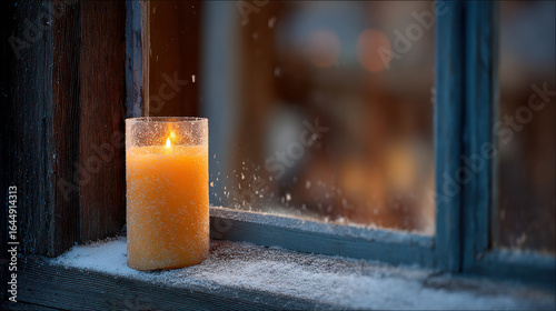warm candle flickers softly by window of rustic wooden house on peaceful christmas night