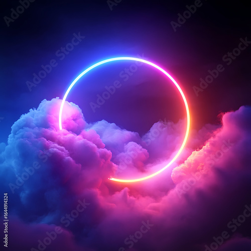 Surreal Nightscape with Glowing Neon Circle Encircling Blue and Pink Clouds
