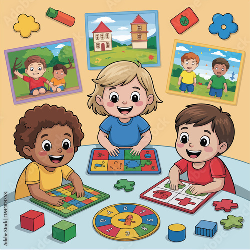 Three children sitting at a table playing with puzzles and colorful blocks in a brightly lit room