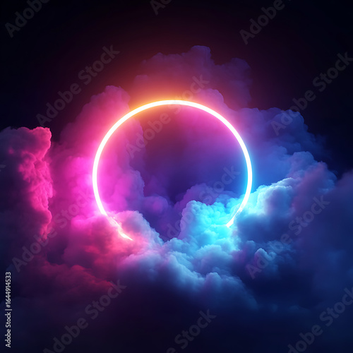 Surreal Nightscape with Glowing Neon Circle Encircling Blue and Pink Clouds

