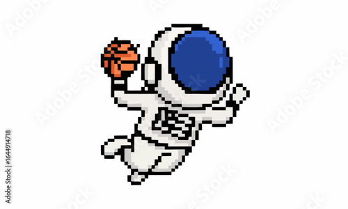 Cute astronaut dunking basketball cartoon pixel illustration
