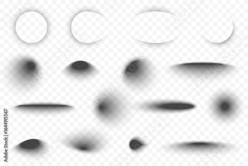 Realistic shadow effect in round, sphere, and oval shapes. Set of transparent shadow effects in geometric shapes. Falling 3D shadow effect from spheres, circles, and ovals. Vector