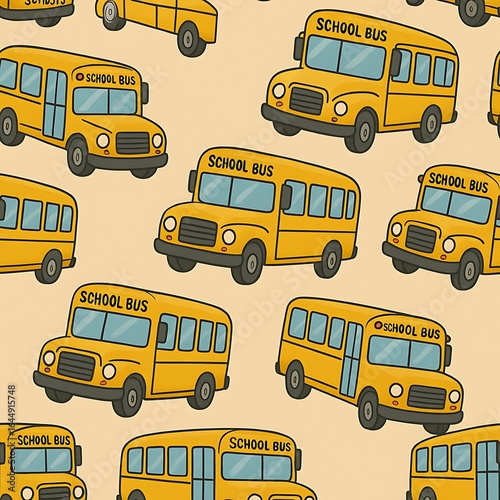 Repeating pattern of yellow cartoon school buses on beige perfect for school supplies, childrens products, and educational materials.