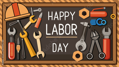 Labor Day Celebration with Tools and Equipment on a Brown Board, Celebrating Workers and the American Workforce, Honoring Contributions