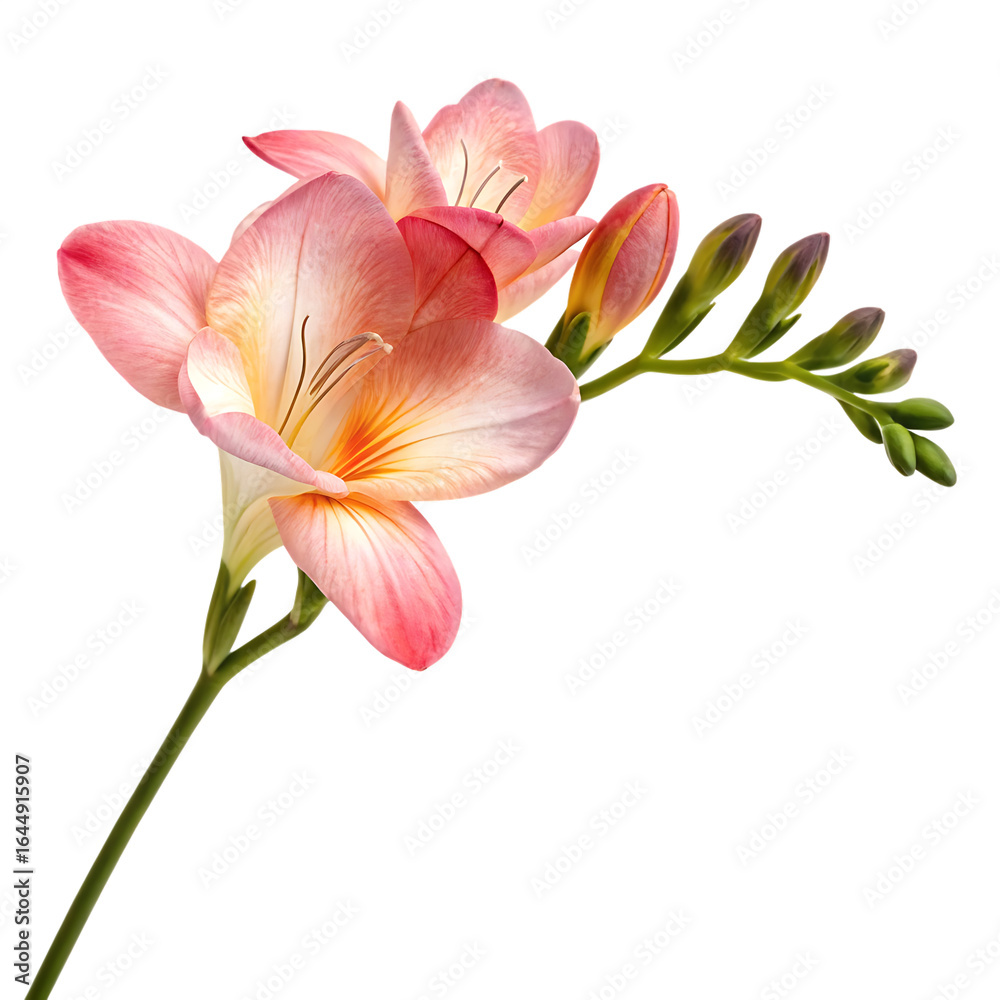 Fototapeta premium One colorful blooming freesia flower in closeup isolated on a transparent background png