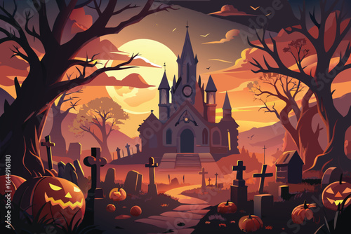 Spooky halloween scene with illuminated pumpkins creepy graveyard and gothic church under a sunset sky