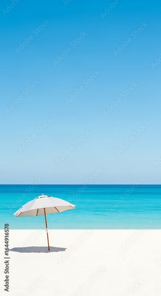 Serene Tropical Beach Scene with White Sand Clear Blue Sky and Turquoise Ocean Featuring a Beach Umbrella Serene Tropical Beach Scene with White Sand Clear Blue Sky and Turquoise Ocean Featuring a Beach Umbrella