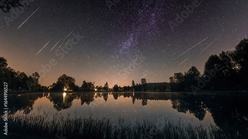 Night sky where meteor showers collide into celestial fireworks reflected in a still lake.
