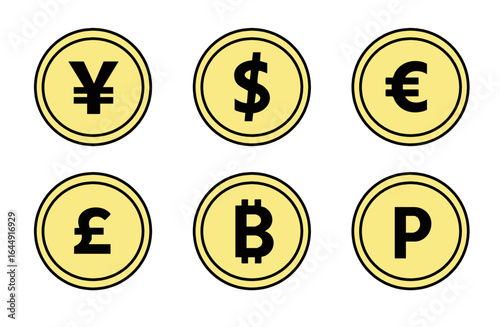 さまざまな通貨をイメージしたコインのシンプルなイラストセット