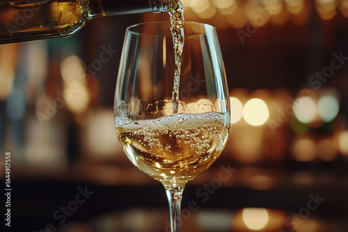 Wallpaper Mural Elegant glass of white wine, highlighting its sparkling essence, being poured in a refined restaurant ambiance surrounded by warm, inviting lighting. Torontodigital.ca