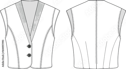 Women’s tailored vest flat sketch, sleeveless formal waistcoat vector, button front fashion CAD, structured apparel design template, detailed garment technical illustration
