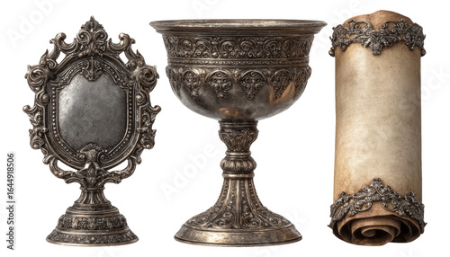 Vintage Ornate Trophy, Frame, and Scroll on Transparent Background
