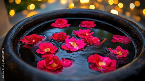 Serene Water Bowl with Floating Pink Flowers and Soft Lights