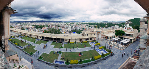 City palace fort Udaipur, Rajasthan, low angle view with clouds
