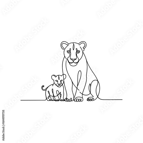 Lioness and cub sitting together in black line art big cat feline