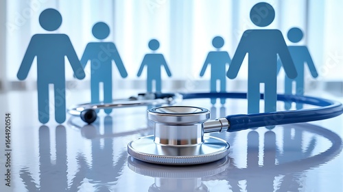 Conceptual image representing healthcare access and community wellness with a stethoscope and stylized human figures symbolizing people and medical care