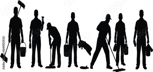 Professional cleaning crew silhouettes, janitorial staff in action, cleaning equipment, essential workers, commercial cleaning services, maintenance tasks, hygiene, sanitation