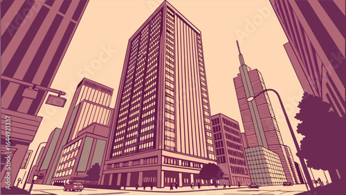 Downtown cityscape illustration with tall buildings skyscrapers and urban street view perspective art style