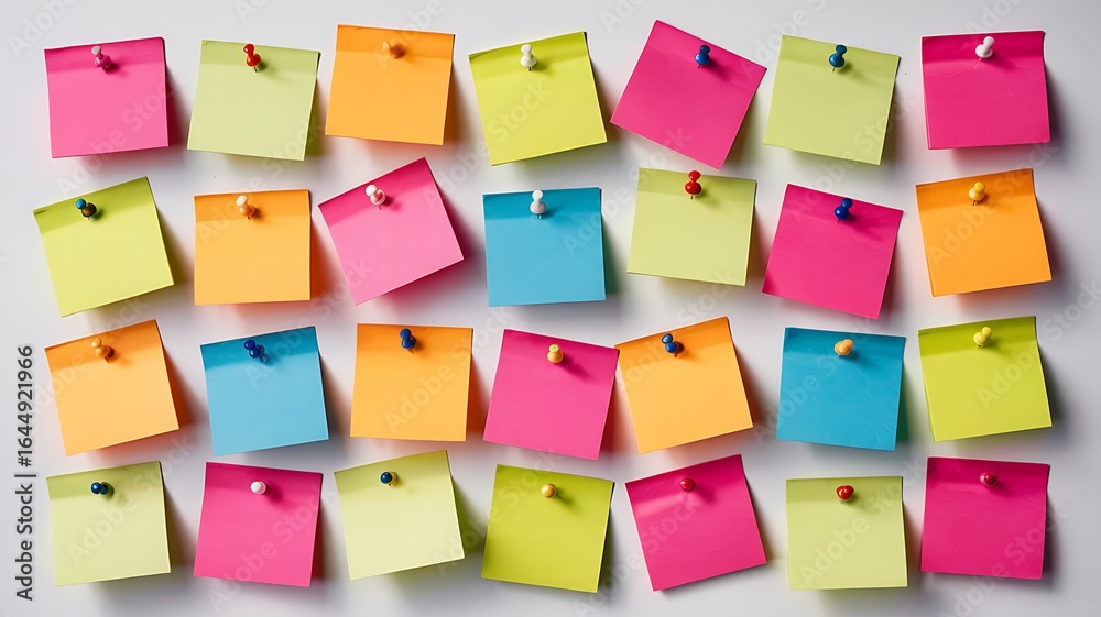Fototapeta premium A vibrant arrangement of colorful sticky notes pinned to a white wall creating a visually appealing and organized pattern for notes and ideas