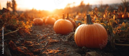 Sunlit pumpkins in an autumn field, glowing orange, nestled amongst dried leaves and rich soil at sunset