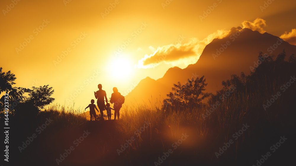 Fototapeta premium Family silhouette against a mountain sunset, evoking outdoor adventure and togetherness.