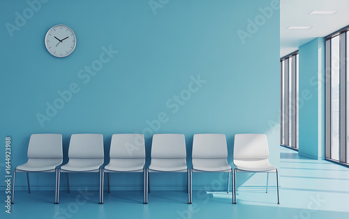 Waiting room chairs and clock on blue wall in office space for patients