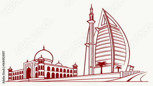 Dubai skyline vector art featuring burj al arab mosque and palm trees for travel and tourism promotion design