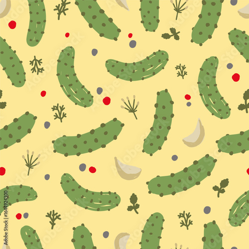 Seamless pattern with pickles, garlic, herbs and spices on yellow background. Hand drawn cucumbers ornament. Vegetable food and cooking concept.