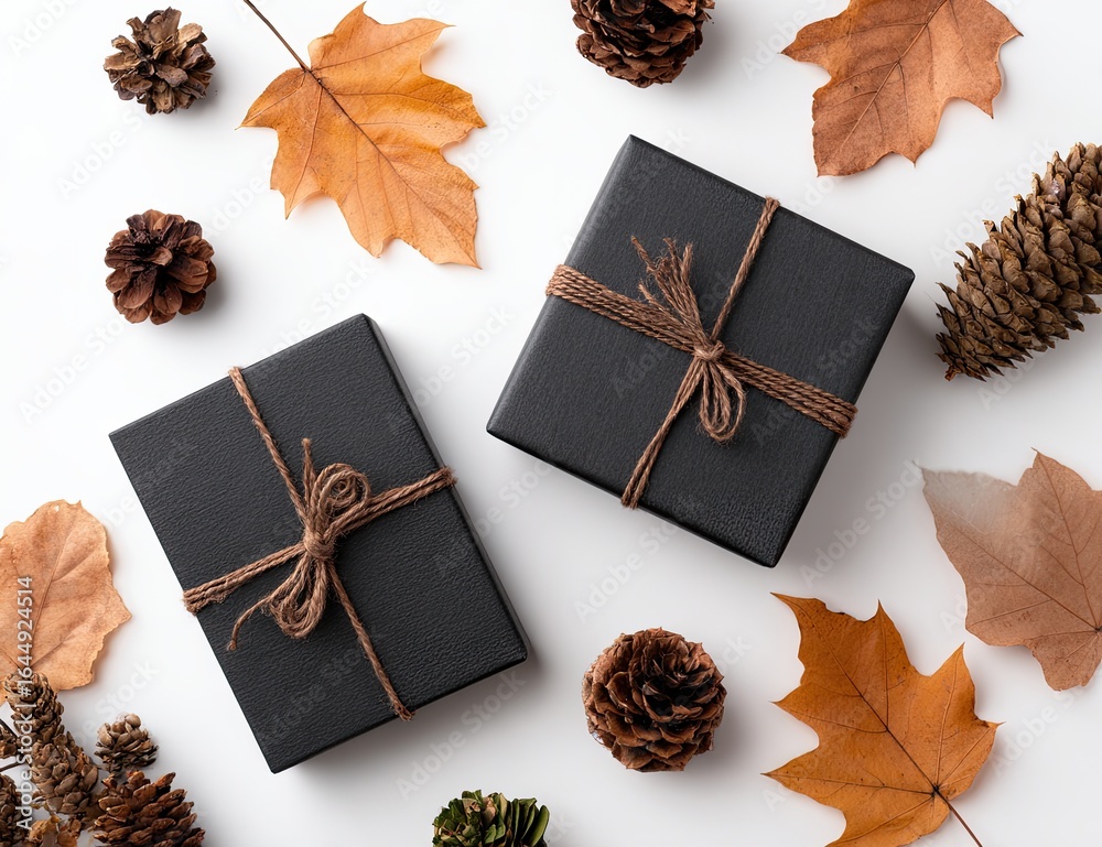 Fototapeta premium Two dark-grey gifts, twine-tied, amidst autumn leaves and pine cones on a white background; flat lay