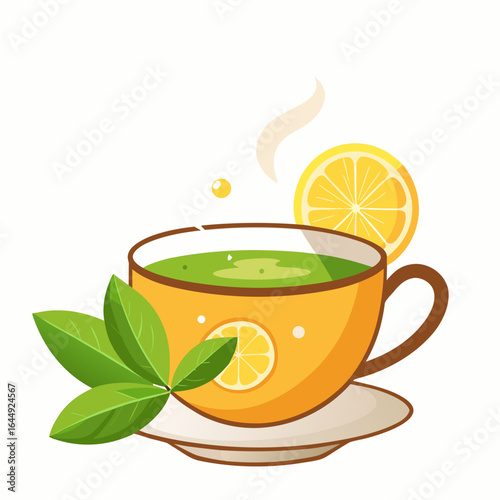 Hot Tea Cup with Fresh Tea Leaves, Lemon Slice and Mint, Isolated on White