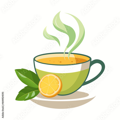 Hot Tea Cup with Fresh Tea Leaves, Lemon Slice and Mint, Isolated on White