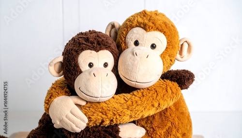 Two plush monkey toys hug affectionately against a white background