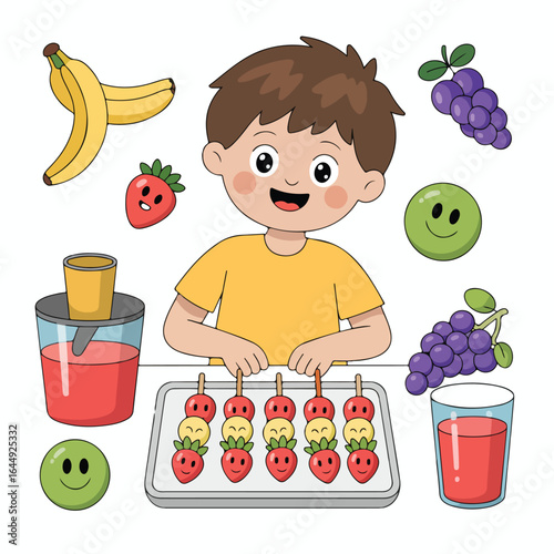 Cartoon boy making fruit skewers with strawberries bananas and grapes with juice and smiley faces around him