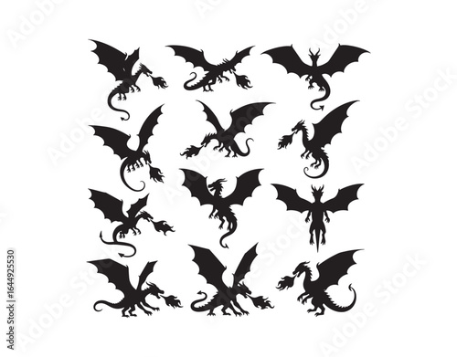 Flying dragon silhouettes. Reptiles that breathe fire, winged medieval dragon mascots, and a set of flat vector illustrations featuring scary dragons. Silhouettes of fairy dragon species.

