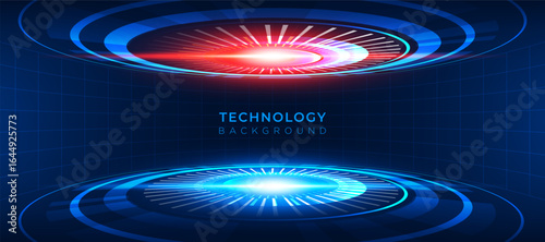 Technology background vector with blue and red neon light circles on dark blue grid floor, perfect for website cover banner or digital presentation. Futuristic sci fi style design