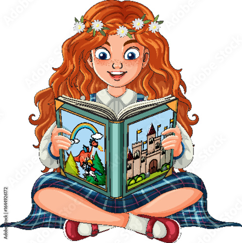 Red-Haired Girl in Plaid Dress Reading Storybook
