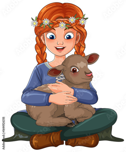 Red-Haired Girl Sitting with Lamb in Her Lap