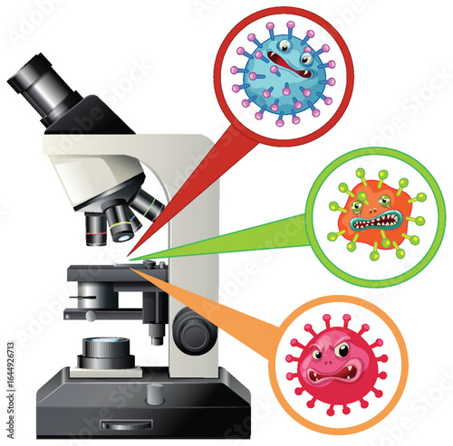 Microscope Analyzing Colorful Cartoon Virus Cells