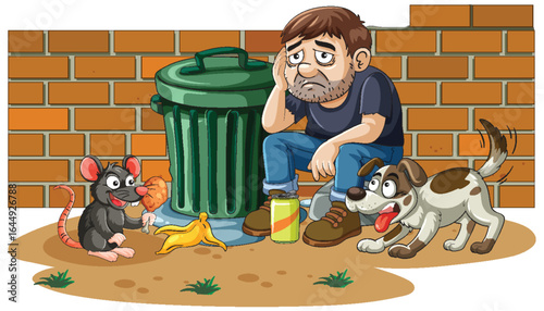 Homeless Man Sitting by Trash Can with Dog and Rat