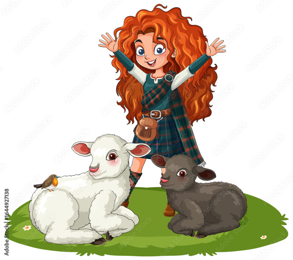 Obraz premium Scottish Girl With Lambs on Grassy Meadow