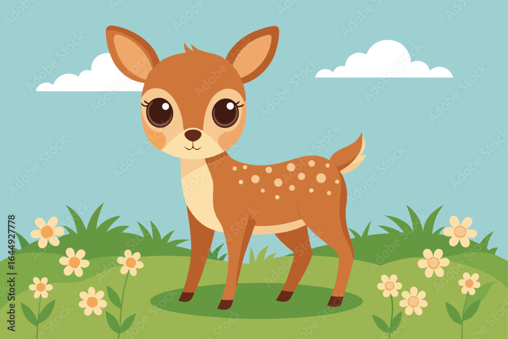 Fototapeta premium baby deer with big eyes standing in a meadow of da.eps