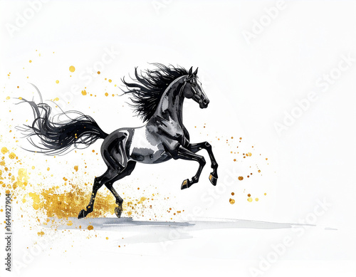 墨絵風の馬シルエット　和風干支午　年賀状素材　ミニマルアート　水墨画イラスト