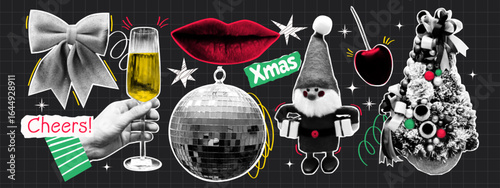 Halftone Christmas collage. Vintage stickers of bow, hand with glass of champagne, lips, disco ball, elf, cherry, tree in dotted pop art style.