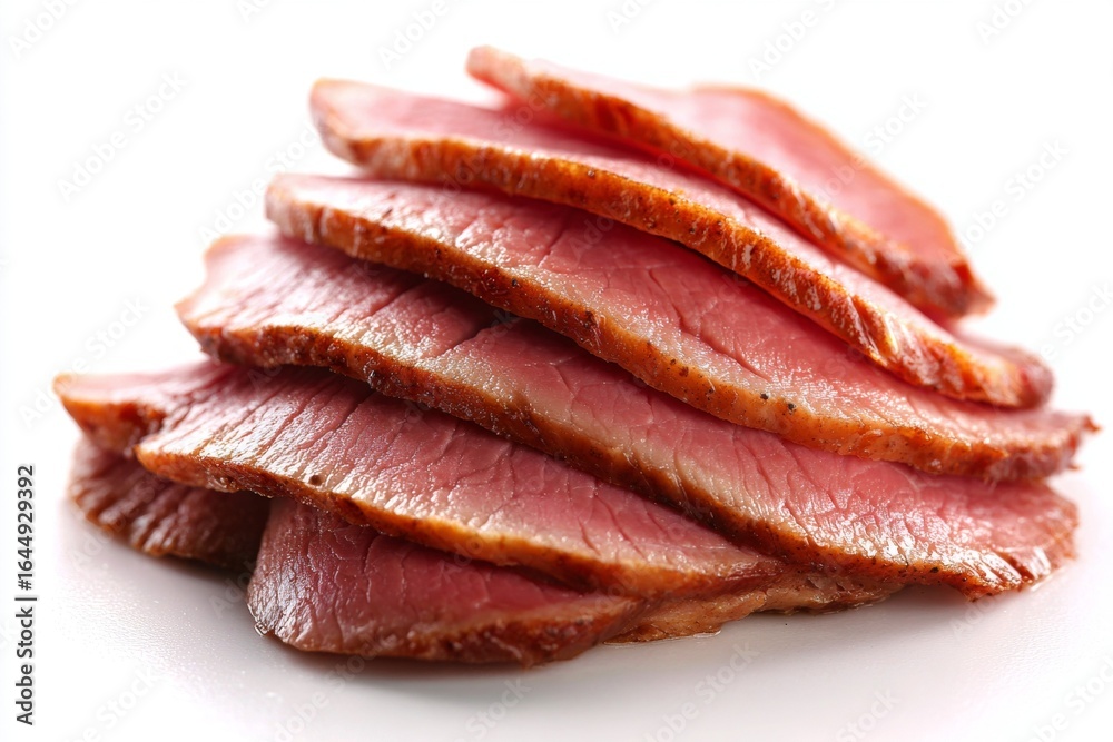 Slices of delicious roasted beef displayed on a white surface Slices of delicious roasted beef displayed on a white surface