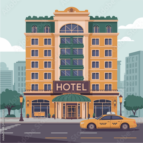 Illustration of a grand hotel building with a taxi parked in front on a city street scene at daytime