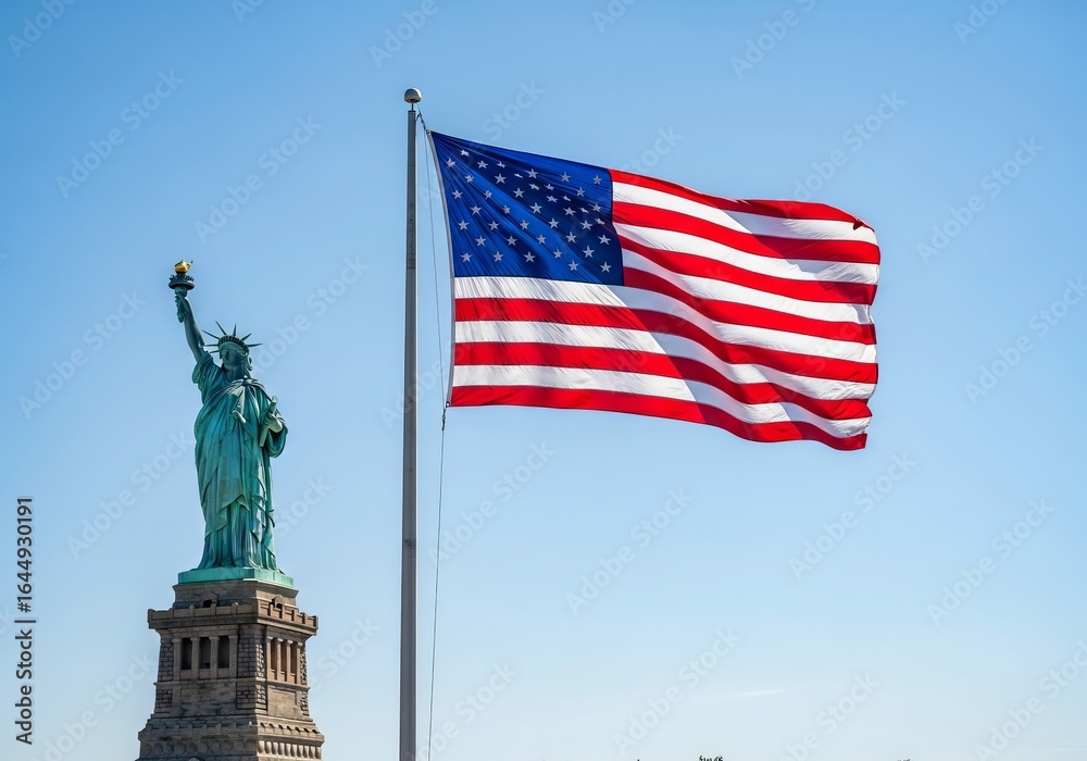 Fototapeta premium Iconic American Symbols: Statue of Liberty and Waving USA Flag Under Clear Blue Sky