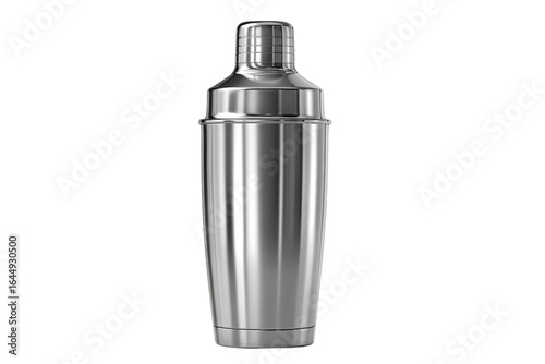 A silver cocktail shaker is sitting on a white background