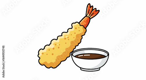 Crispy shrimp tempura illustration with a side of dipping sauce. Vector icon of Japanese fried seafood dish.